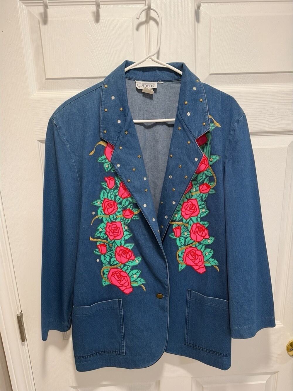 Vtg IDEAS Denim Blazer Jacket Womens 1X Rose Embroidered Studded Bedazzled 90s
